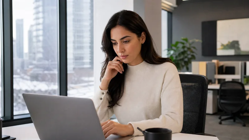A newcomer reviews a Canadian-format resume in a modern Canadian workplace.